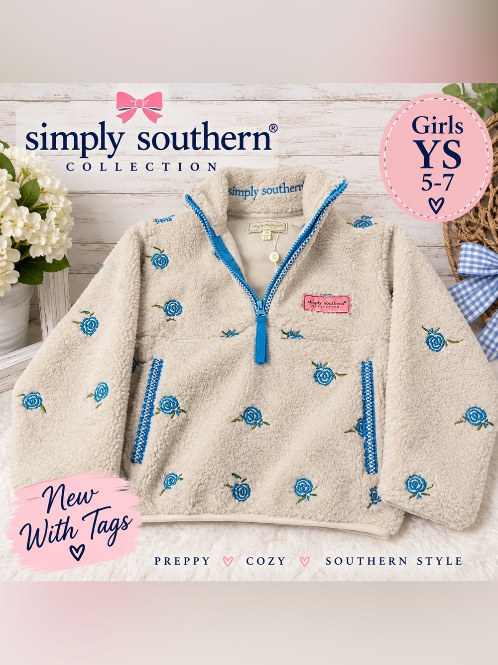NWT Simply Southern Girls YS 5-7 Sherpa Pullover Blue Rose Quarter Zip